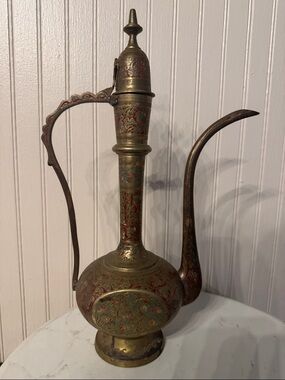 Vintage Large Brass Etched Genie Lamp Ewer Pitcher Vase India Design Boho